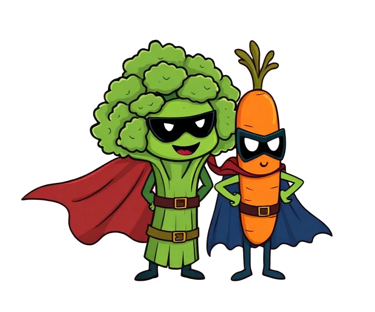 Cartoon superhero broccoli and carrot characters
